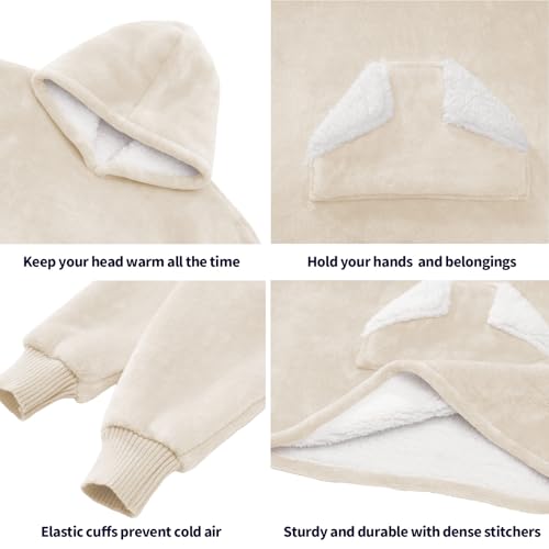 Touchat Wearable Blanket Hoodie, Oversized Sherpa Blanket Sweatshirt with Hood Pocket and Sleeves, Super Soft Warm Plush Hooded Blanket for Kids, One Size Fits All (Beige) by Touchat - Image 3