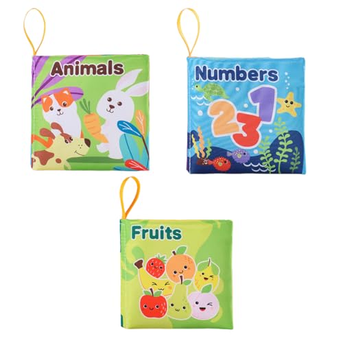 OPVYAEU 3 Stück Babybuch Stoffbuch mit Papierquietscher, Baby Spielzeug 0-6 Monate Sensorisches Buch - Interaktive Fühlbuch Knisterbuch Babyspielzeug Geschenke für Neugeborene - Zahlen, Tiere, Früchte