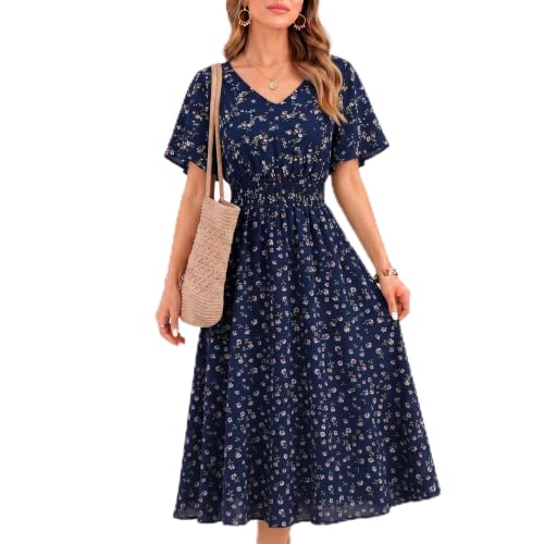 Image of Gardenwed Chiffon Floral Dresses Summer Midi Wedding Guest Dress V Neck for Women Elastic Waist