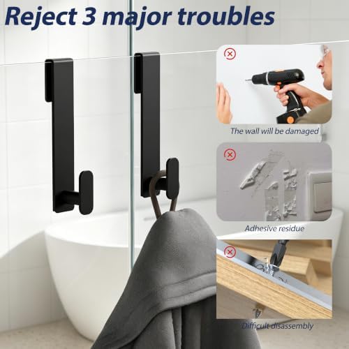 Aikzik Shower Door Hooks, Heavy Duty Extended Towel Hooks for Bathroom Frameless Glass Shower Door, Stainless Steel Hooks for Hanger Robe,Towel (2 Pack,Black) — view 3