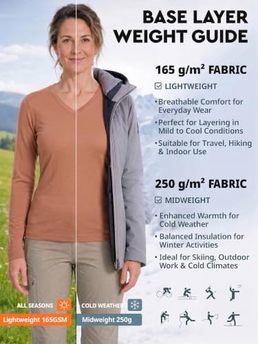 MERINNOVATION Tan Size L - Merino Wool Base Layer Women - 100% Merino Wool V-Neck Tops - 3