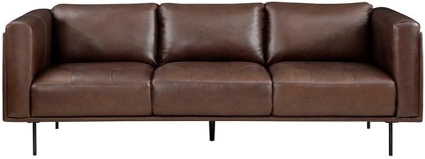 Pemberly Row Top Grain Leather 2-Piece Sofa Set, Brown Finish, Low-Back Modern Design with Espresso Metal Legs, Tufted Details, High-Density Foam, Solid Wood Frames, Contemporary Living Room Seating