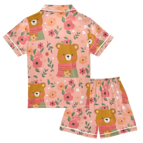ALAZA Bear with Flower Floral Pajamas Satin Pajama Set Short Sleeve Button Down Sleepwear2