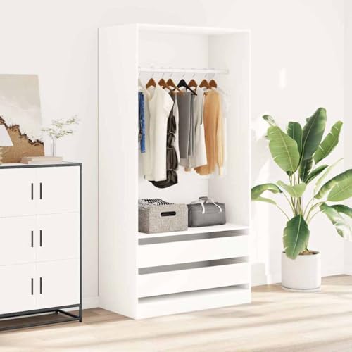 Cartvyn Armario blanco de madera 100 x 50 x 200 cm con 2 cajones, barra colgante grande, armario para dormitorio, armario móvil, armario abierto para niños y adultos