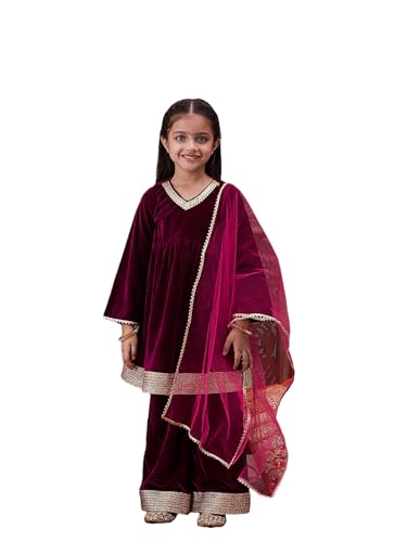 Image of Pspeaches Girls Ethnic Green & Pink Velvet Full Sleeves Solid Kurta and Pant with Dupatta 3 Piece Set