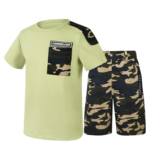 Image of LOLANTA Boy Summer Outfit Casual Clothes 2Pcs Cotton T-shirt Shorts Set | Kids Short Sleeve T-Shirt, Boy Camouflage Knee-length Shorts, Breathable Fashion Outfits, School Daily Matching Clothing Sets