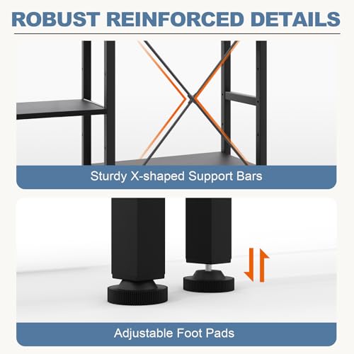 Image of DUMOS Triple Column 4 Tier Bookshelf with Adjustable Shelves, Wide Convertible Display Unit, Industrial Bookcase for Living Room & Home Office, Sturdy Freestanding Storage Decor Organizer, Black