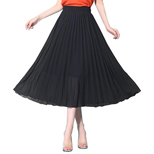 CHARTOU Womens Vintage Elastic High Waist Flare A-Line Maxi Midi Long Pleated Lined Skirt (Black, One Size)