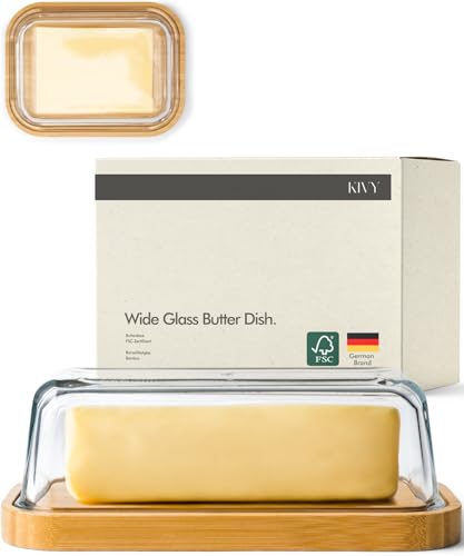 KIVY Mantequera de cristal con tapa de bambú elegante y sostenible, para mantequilla de 250 g