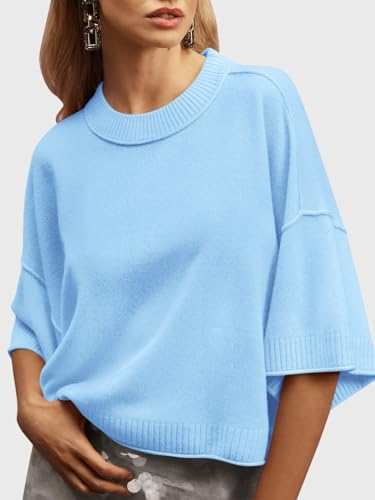 Image of Saodimallsu Womens Short Sleeve Sweater Summer Oversized Cropped Sweaters Casual Crewneck Lightweight Knit Tops