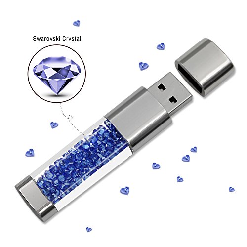 Techkey Jewelry Crystal USB Flash Drive for Girls, with 2 in 1 Anti Dust Plug + Stylus Pen for Touch Screens Set, Photo Frame Gift Packaging, 16GB, Sapphire