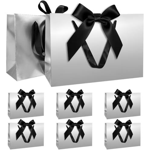 Conjunto de sacos de presente, saco de presente de prata com fita bolsa presente com alças 8 peças 30 x 20 x 10 cm sacos presente para o Natal aniversário casamento aniversário
