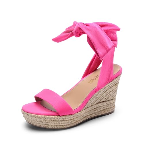 DREAM PAIRS Womens Open Toe Espadrilles Wedges Tie Lace Up Cute Ankle Strap Platform Sandals Dressy Shoes 5.5 Hot Pink-suede
