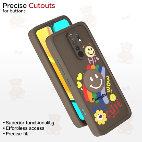 Image of Pikkme Back Cover for Redmi 9 Prime /Poco M2 | Soft Silicone| Cute Rainbow Smile & 3D Cartoon Flower Design | Shockproof Raised Camera Protection Bumper Case (Brown)