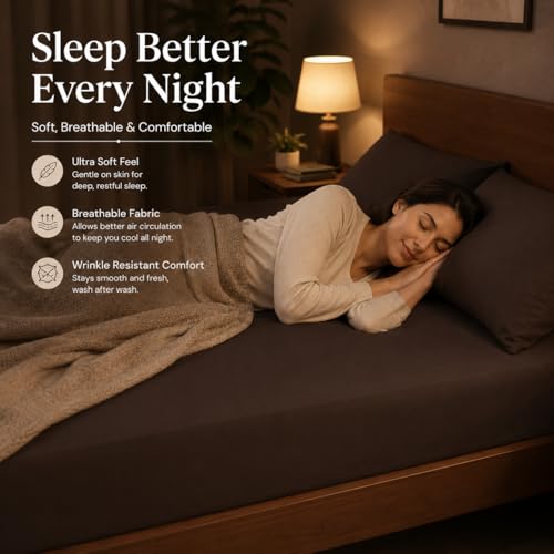 Image of Blue Strip Fitted Bedsheet with 2 Pillow Covers, Dark Brown, Polycotton, King Size 72x78 Inch, 8 Inch Deep Pocket, Fits Double, Queen & King Beds