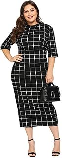 Floerns Women's Short Sleeve Plus Size Gingham Bodycon Business Pencil Dress Black White