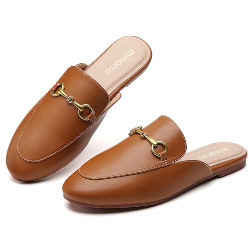 Image of Minorsu Buckle Mules for Women Flats Loafers Shoes for Work Office Business | Slip on,Round Toe,Backless,Slides, Casual