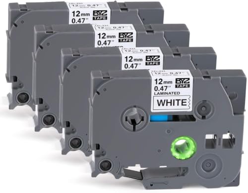 4 x Ruban Etiqueteuse Cassette Ruban pour étiqueteuse Noir sur Blanc 12mm x 8m,Compatible Brother P-Touch Étiqueteuses PT-E100 PT-E200 D200 D210 H100 P300BT 1010 1090 110CH 1230PC
