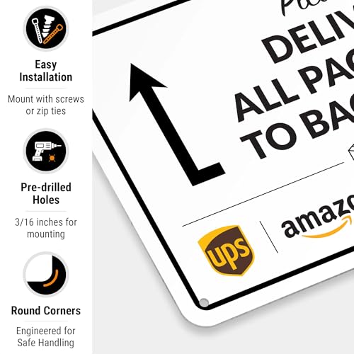 Image of Package Delivery Sign, Delivery Instructions All Package To Back Door Sign, 10x7 Inches, Rust Free .040 Aluminum, Fade Resistant, Made in USA