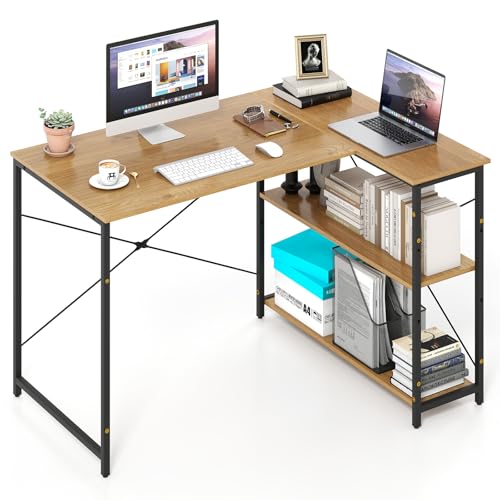 COSTWAY Escritorio Esquinero 118 x 86 cm, Escritorio en Forma de L para Ordenador, Mesa Gaming Reversible con Estantería Ajustable, Estructura de Acero, para Estudio, Hogar, Oficina (Natural)
