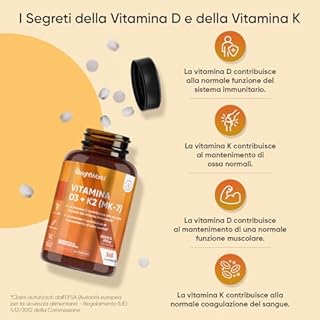 Vitamina D3 K2, 1 Compressa al Giorno, 2000UI di Colecalciferolo, 200μg di Menachinone, La Vitamina K Contribuisce al Mantenimento di Ossa Normali (EFSA), 365 Compresse (Per 1 Anno), Senza Glutine