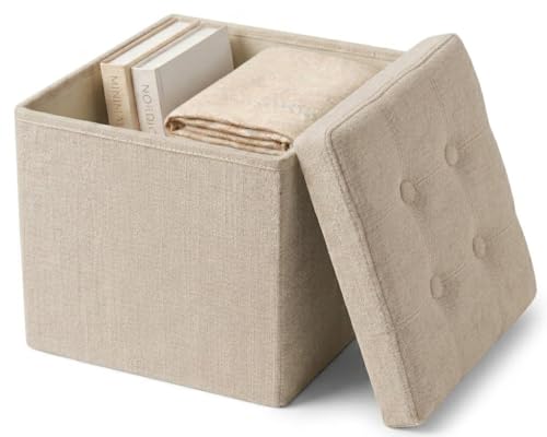 edihome, Puff Almacenaje Plegable, (38 x 38 x 38cm), Baul, Otomana con Tapa – Banco de Tela Organizador y Asiento para Dormitorio y Pie de Cama (Beige Tostado, 38 x 38 x 38 cm)