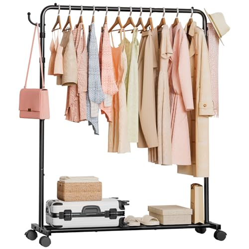 YORBAY Burro Ropa con Ruedas y Altura Ajustable: Resistente Perchero Burro de Metal con Estante para Equipaje   Organizador de Ropa que Ahorra Espacio para Dormitorio Lavadero y Tienda (117,5 cm)