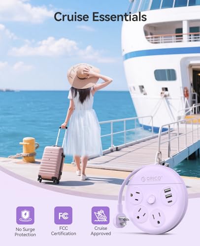 Image of ORICO Power Strip with USB Ports, 4Ft Flat Extension Cord with 3 AC Outlets and 2 USB-A and 1 USB-C Charging Ports, 45 Flat Plug, Non-Surge Protector for Cruise /Home /Office /Dorm Essentials, Purple