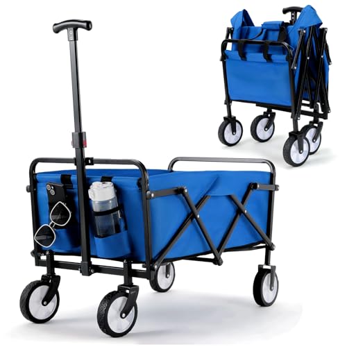 Bollerwagen Faltbar Handwagen All Terrain Räder, Gartenwagen mit Getränkehalter verstellbarem Griff, Transportwagen Klappbar Strandwagen, Gartenkarre, Einkaufswagen, Camping (Blau) Bollerwagen Faltbar Handwagen All Terrain Räder, Gartenwagen mit Getränkehalter verstellbarem Griff, Transportwagen Klappbar Strandwagen, Gartenkarre, Einkaufswagen, Camping (Blau)