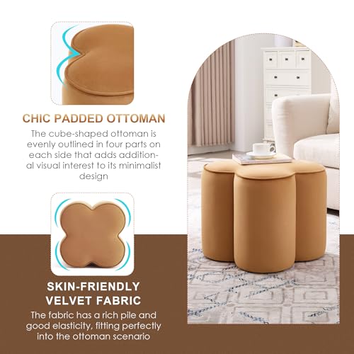 Image of Zesthouse Flower Pouf Ottoman Foot Rest Set of 2, Velvet Fabric Poofy Ottoman Footstool for Couch, Modern Living Room Stool for Under Entry Table, Cute Square Vanity Stool for Bedroom Dorm, Camel