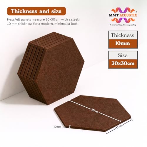 Image of MMT Acoustix HexaFelt Bevelled Acoustic Panels, Luxury Sound Absorbing Felt Wall Panels for Home, Office & Studios | VOC Free, 30x30 cm | Pack of 7 | Coorg Colour