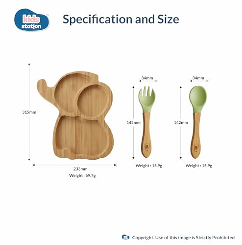 Image of Kids Station Elephant Wooden Feeding Plate with Spoon and Fork for Babies - Green | Eco-Friendly Self-Feeding Baby Tableware Set (3 pcs)
