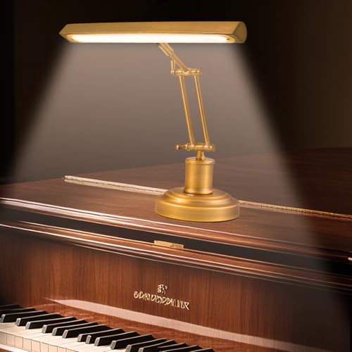eccuslon Brass Piano Lamp with 3-Way Touch Control Vintage Gold LED Music Light for Grand/Upright Pianos Stepless Dimming 95+ CRI Eye-Care Foldable Office Desk Lamp for Reading Bankers Library