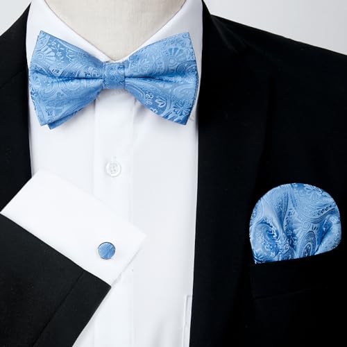 Image of HISDERN Bow Ties for Men Pretied Bow Tie Set Paisley Classic Bowties and Pocket Square Cufflinks Set for Wedding Party