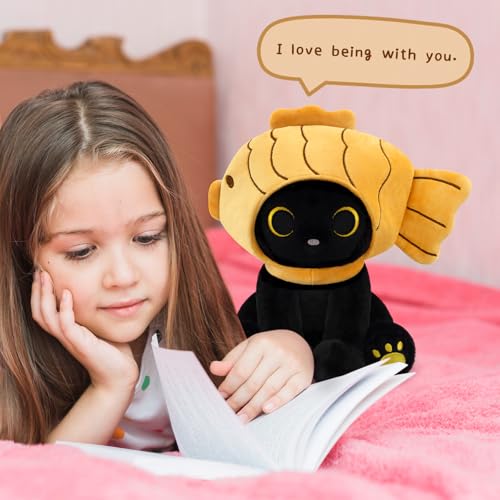 Image of Fish Stuffed Animal Cat Plush, 8inches Black Cat Plush with Brown Taiyaki Hood Removable, Kawaii Stuffed Kitten Doll Toy Cute Plushies for Girls Kids Boys，Christmas Birthday Gifts