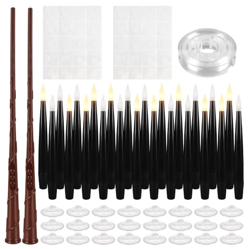 Image of 24 Pack Black Flameless Floating Candles with Wand Remote, Magic LED Hanging Taper Candles, Flickering Battery Operated Suspended Candlesticks for Halloween Decor, Gothic Wedding, Spooky Party & Haunt