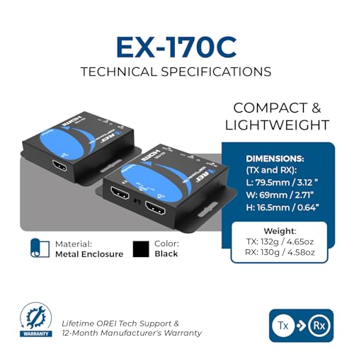 Image of OREI 4K HDMI Over Ethernet Extender Over CAT5 /CAT6 /CAT7, with IR Upto 164 Feet - Loop Out - (EX-170C) - (20 Pack)
