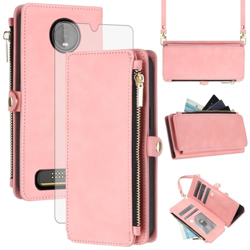 Asuwish Phone Case for Moto Z4/Moto Z 4 Play/MotoZ4 Force Zipper Wallet Cell Cover with Tempered Glass Screen Protector Strap Flip Card Holder Motorola 4Z Motoz4cases MotoZ4Play XT1980-4 2019 Pink