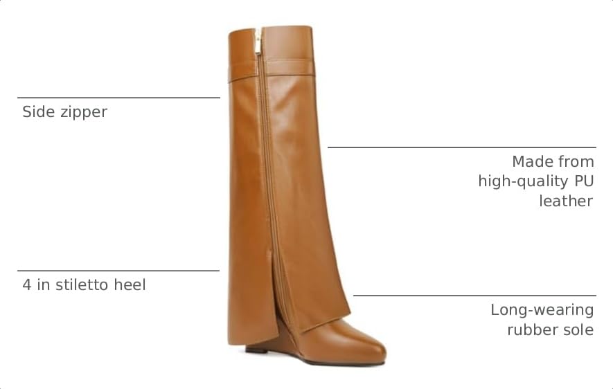 Image of Fold Over Boots for Women Pointy Pull-on Wedge Heel Knee Shark Boot With Side Zipper Padlock Design