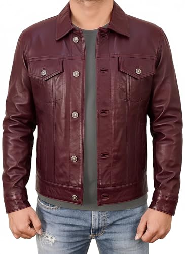 Image of Leather Trucker Jacket Men - Real Lambskin Shirt Style Vintage Fashion Mens Leather Jacket