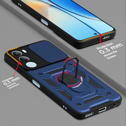 Image of Pikkme Back Cover for Vivo Y29 5G / Vivo Y19s 5G | 360 Protection Case | Sliding Camera Shield Cover & Ring Holder Stand D10 Tough Armor Bumper Case (Blue)