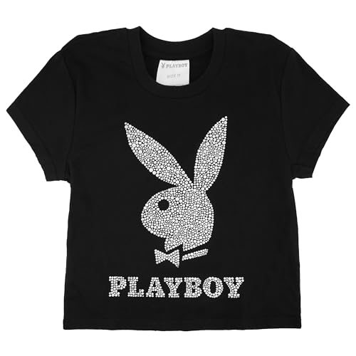 Playboy Womens Soft Cotton Blend Babydoll Tee Shirt with Faux Rhinestone Print Or Glitter Sizes S-XL