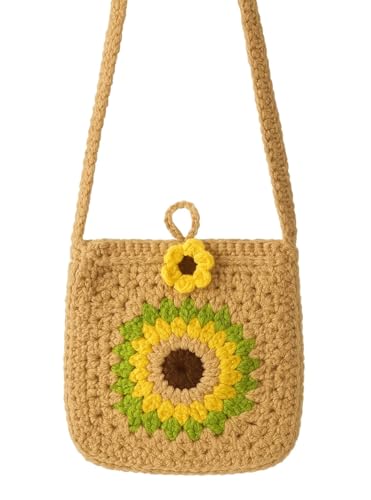 Image of Handmade Crochet Sunflower Crossbody Bag, 15 cm x 17 cm, Beige with Yellow Flower Design