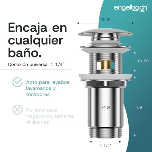 Miniatura 2 de Engelbach Válvula Universal Desagüe Lavabo Con Rebosadero - Click Clack Con 4 Juntas - Apta Para Lavabos Estándar - Manual De Instalación - Cromado