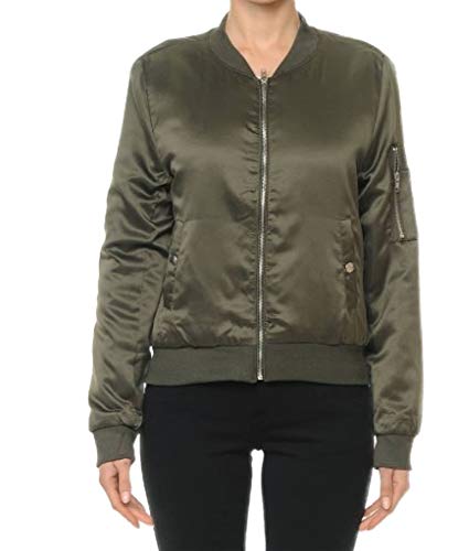 Women's Plus Size Satin Fitted Bomber Jacket in Olive Green