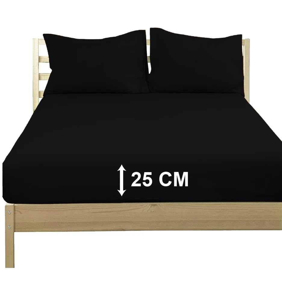 Extra Deep 25 cm Poly‑Cotton Fitted Sheet - 100 % Poly‑Cotton Bed Sheet Easy Fit - Soft, Durable & Wrinkle-Resistant Bedding (Black, King)