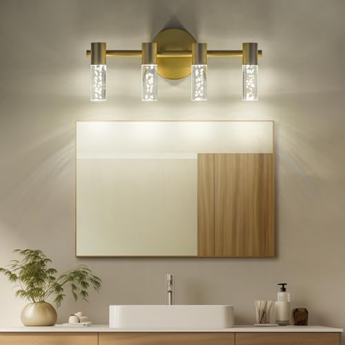 Image of 4 Light Bathroom Light Fixtures, Gold Modern Vanity Lights with Acrylic Shades, 3000-6000K Dimmable Bathroom Wall Lamp for Mirror Kitchen Living Room Hallway Cabinet Porch