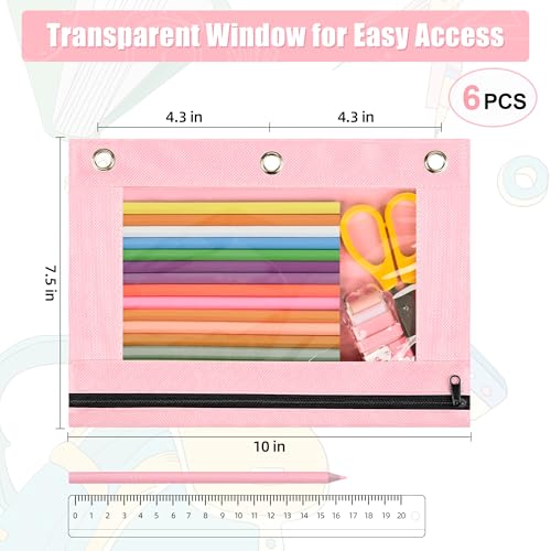 Image of Lanpn Pencil Pouch for 3 Ring Binder 6 Pack, Pink Binder Pen Bags with Zipper, Cute 3 Holes Pencil Pouches Organizer for Boy Girl Kids School Student, Reinforced Grommets & Clear Window