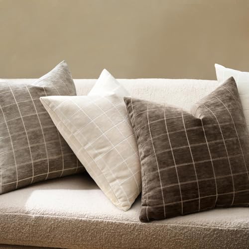 Image of MIULEE Brown Plaid Decorative Fall Throw Pillow Covers 22x22 Set of 2 | Vintage Check Chenille Couch Pillows Boho Farmhouse Cushion Covers Modern Fall Home Decor for Sofa Bed Living Room