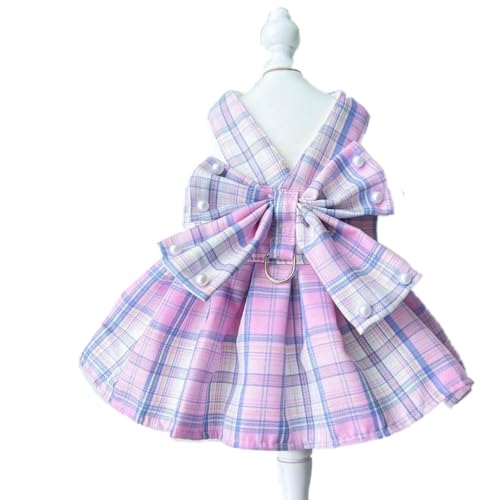 ISUPY 可愛い ペット服 ドレス 春夏用 犬服 ワンピース 洋服 ドッグウェア ペットウェア ハーネス チェック柄 蝶結び 小中型犬 人気 ファッション ベスト 猫服 通気性 脱毛保護 日焼き防ぐ 虫除け お散歩 記念撮影 (L,ピンク)